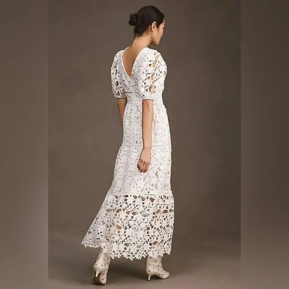 Anthropologie Endless Rose V-Neck Puff-Sleeve Lace Tiered Maxi Dress/ size XS